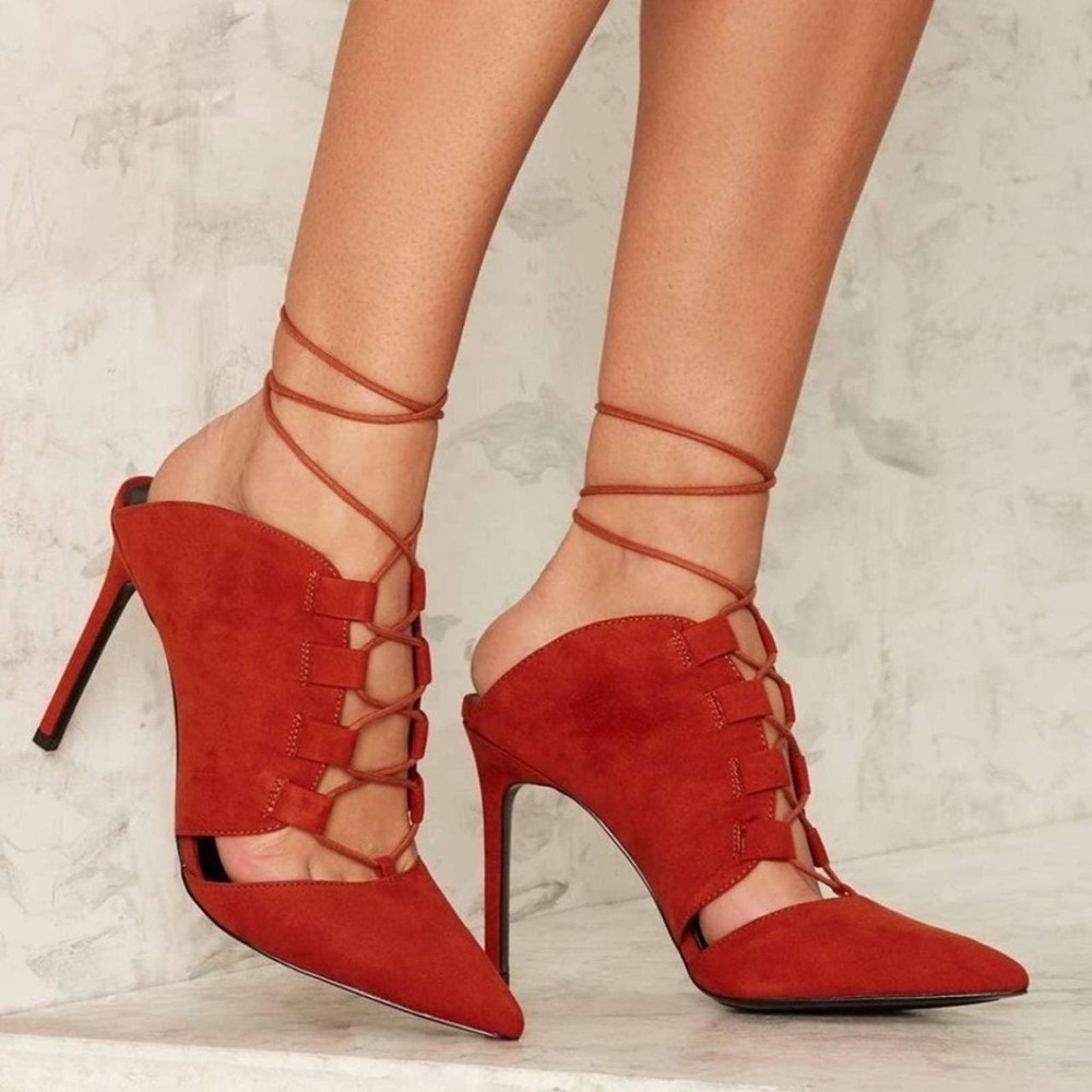 Nasty Gal burnt orange red lace-up faux leather mules high heels Sz 8.5